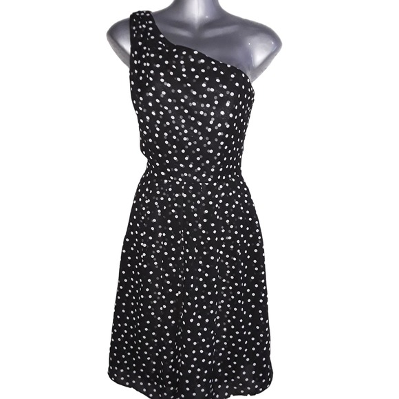 WHBM Sz 2 Black & White Polka Dot One Shoulder Fit & Flare Dress EUC - Picture 1 of 6